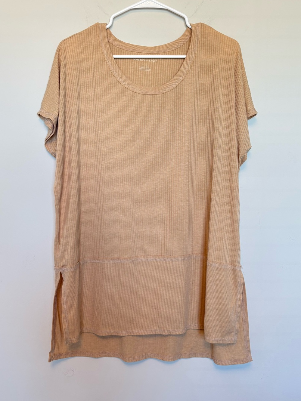 American Eagle Oversized Tan Ribbed Short Sleeve Tunic Top Side Slits Size Smal
